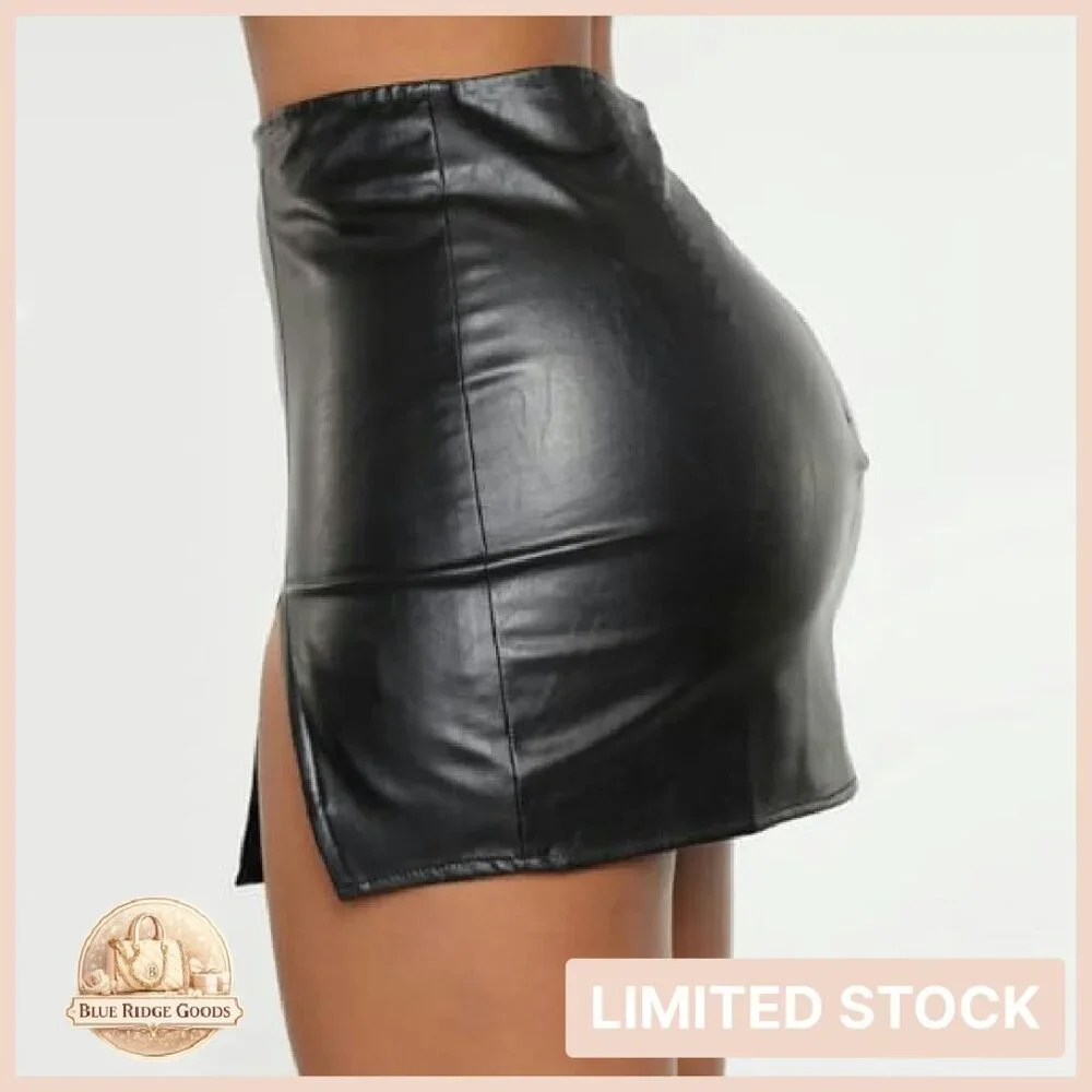 PU Leather Bodycon Skirt High Waisted Stretchy Asymmetrical Split Hem Mini
